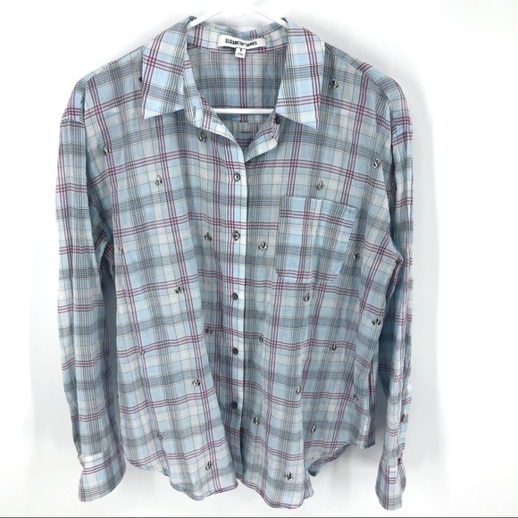 Elizabeth & James Carine Shirt Flannel Top Embellished Beaded Blue Size Small - Picture 3 of 9